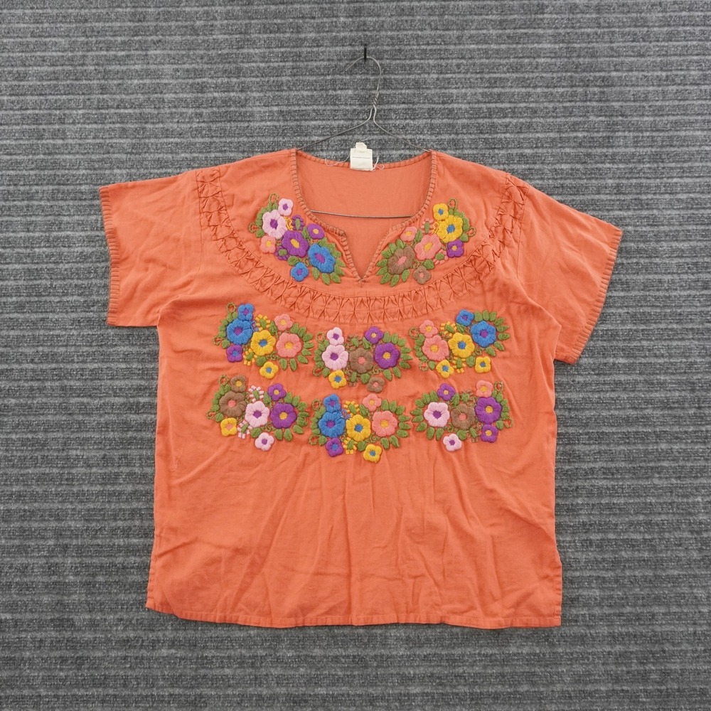 Sister Mary Embroidered Blouse Women Large Orange Floral Boho Cotton Top